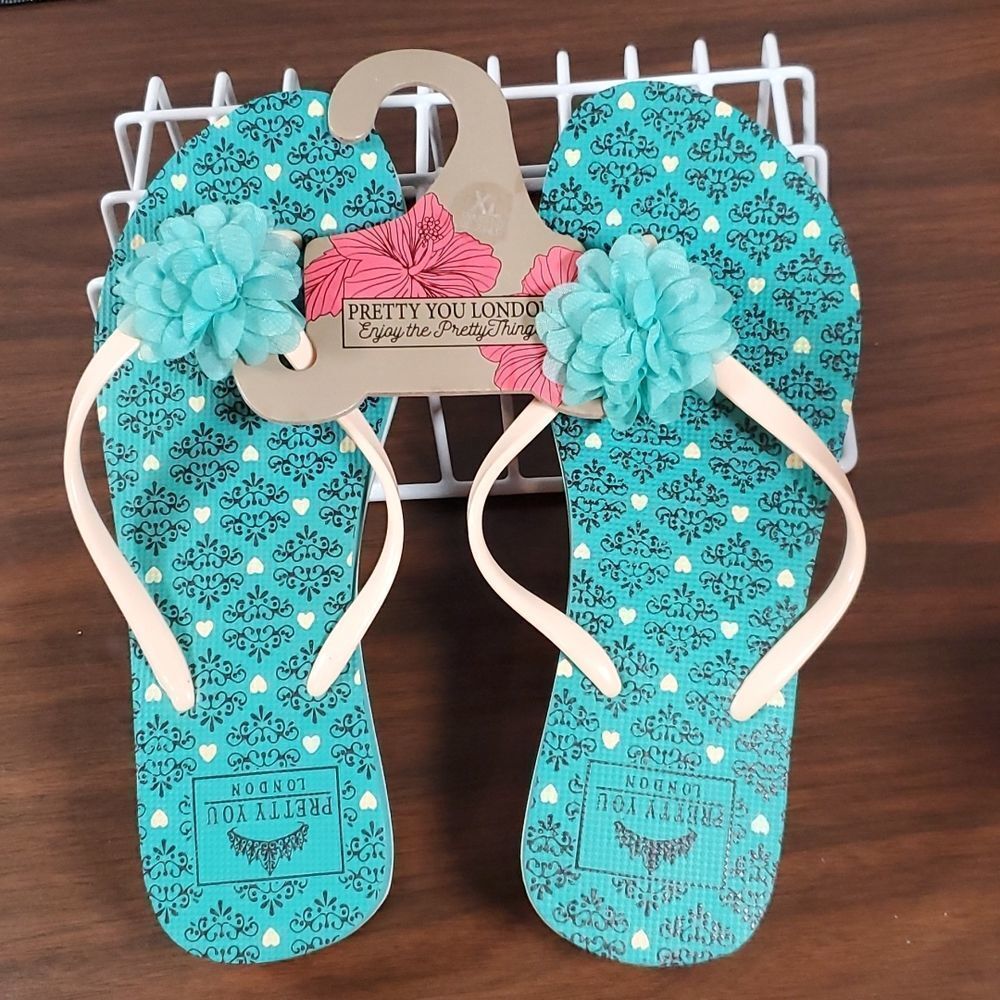 NEW NWT Pretty You London Tessa Flower Flip Flops Thongs‎ XL 9½ - 10½ Aqua Blue